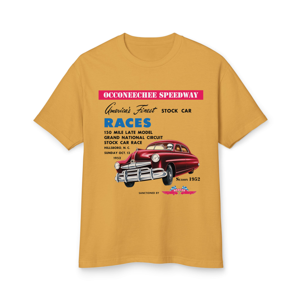 Occoneechee Speedway - Hillsborough (then Hillsboro), NC 1952 - Race Program -Garment-dyed heavyweight cotton tee